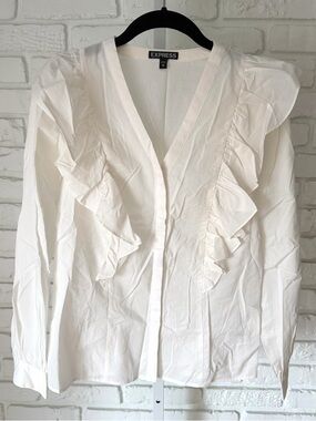 Express White Ruffle Blouse XS 100% Cotton V Neck Long Sleeve